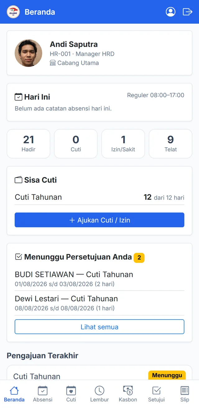Portal Karyawan — absensi, sisa cuti, pengajuan & persetujuan dari ponsel