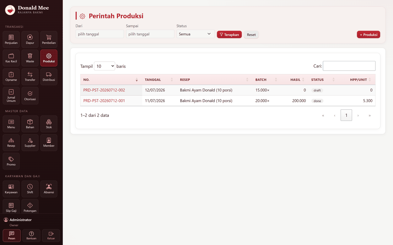 Produksi — resep (BOM), kebutuhan bahan & perhitungan HPP per batch