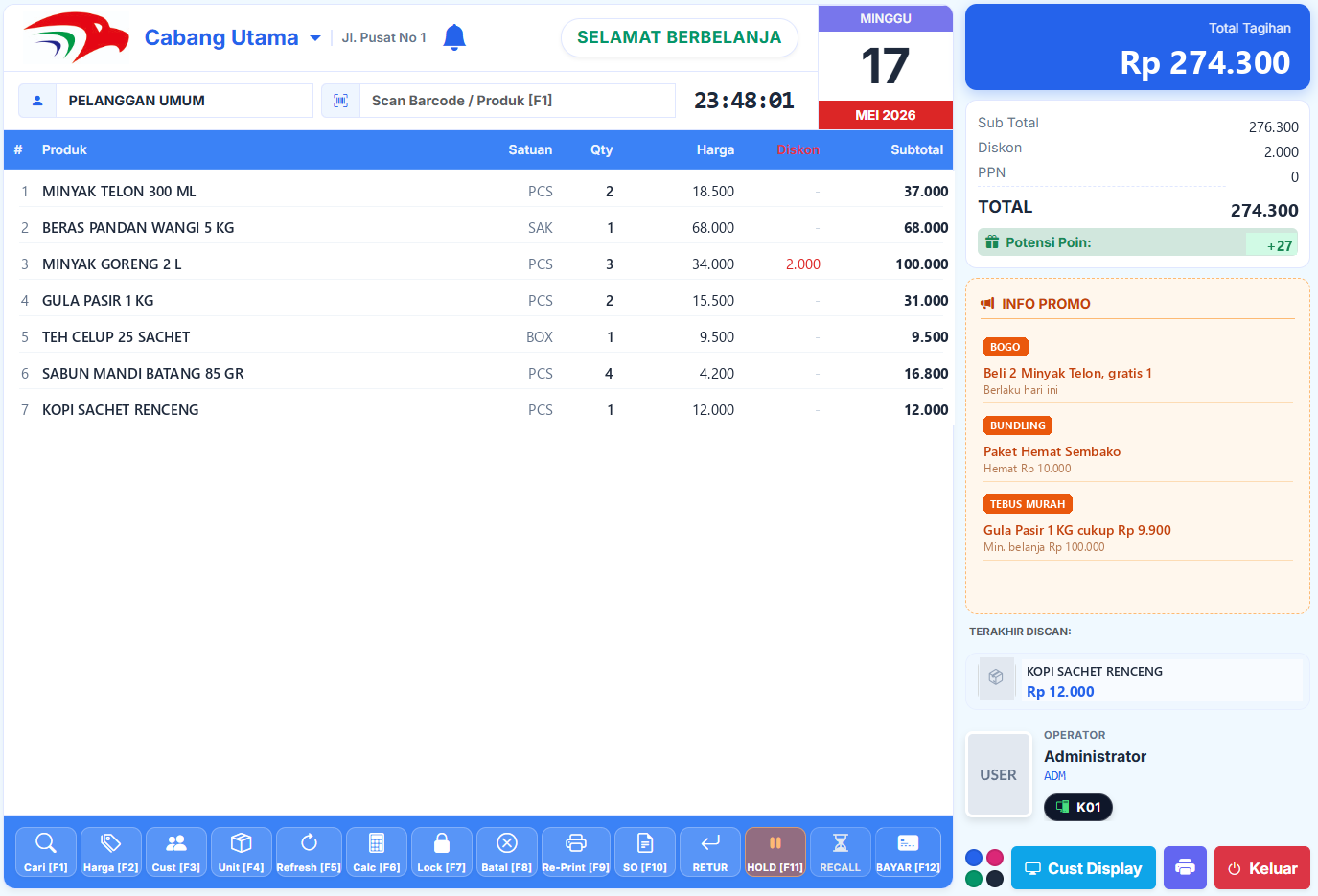 Layar kasir fullscreen Elang ERP POS: kolom produk, ringkasan total, info promo, dan tombol pintasan F1–F12