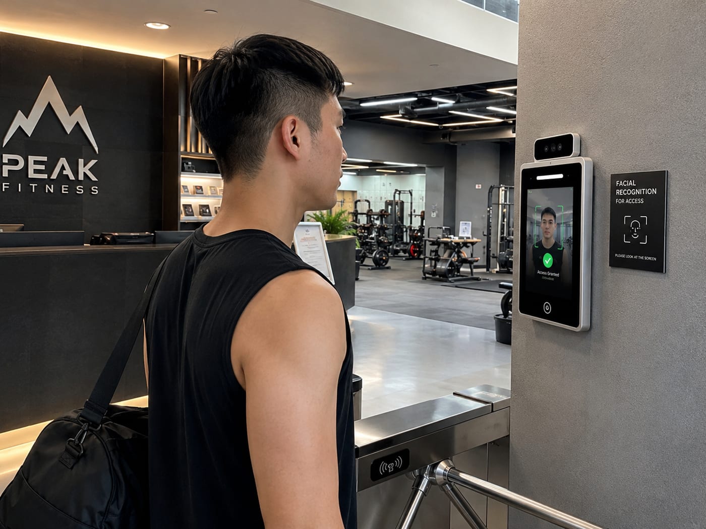 Area gym dengan rak dumbbell